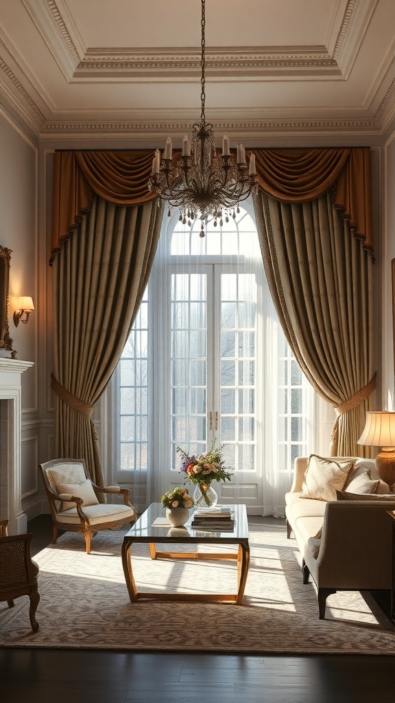 A living room with classic drapes, elegant chandelier, and stylish furniture.