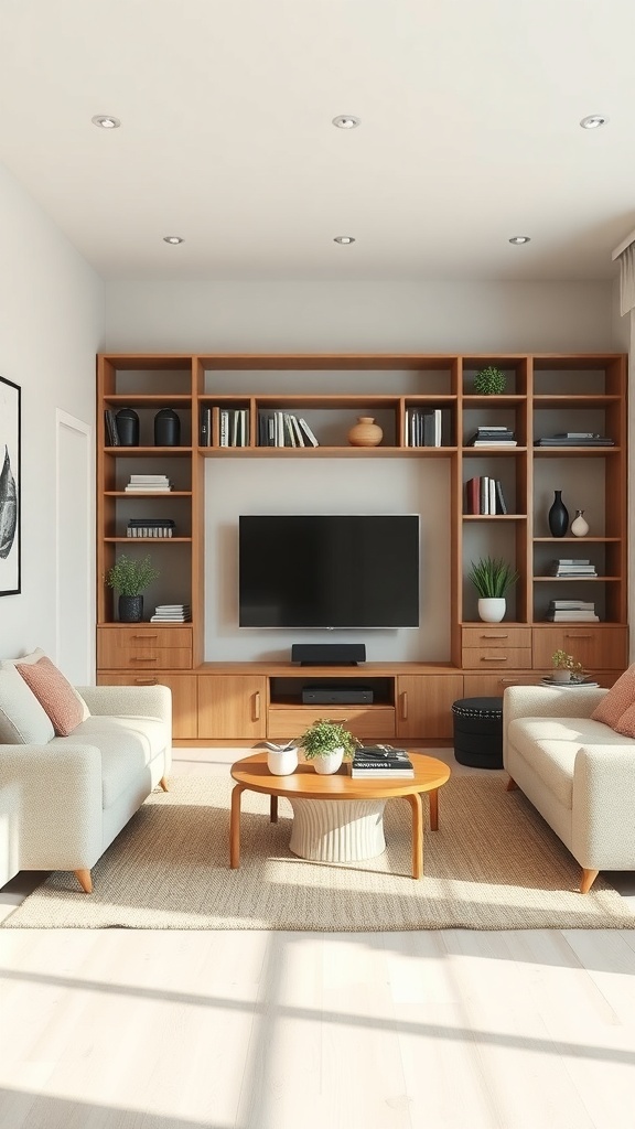 A modern rectangle living room featuring a mix of open and closed storage with light wood furniture.