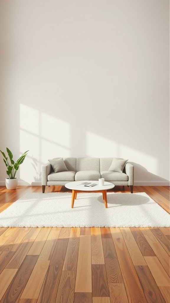 A rectangle living room featuring a light-colored sofa, a round coffee table, and warm wooden flooring.