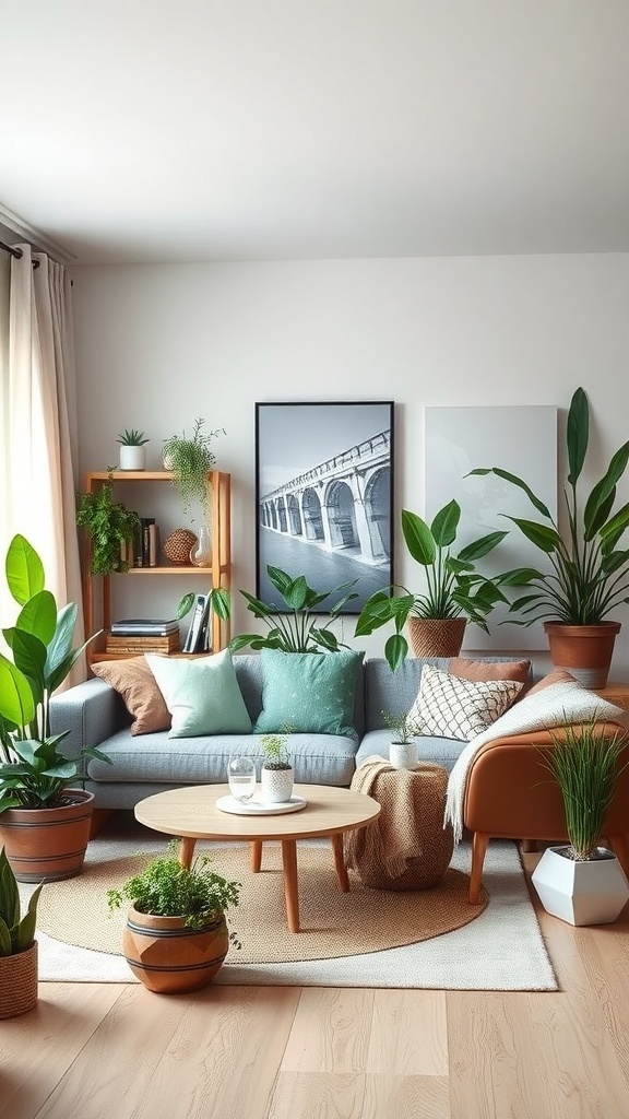 A cozy living room filled with various plants, featuring a gray sofa, wooden coffee table, and nature-inspired artwork.